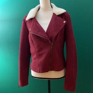 Burgundy/Red Sherpa jacket- stretchy suede with pockets. Size XL